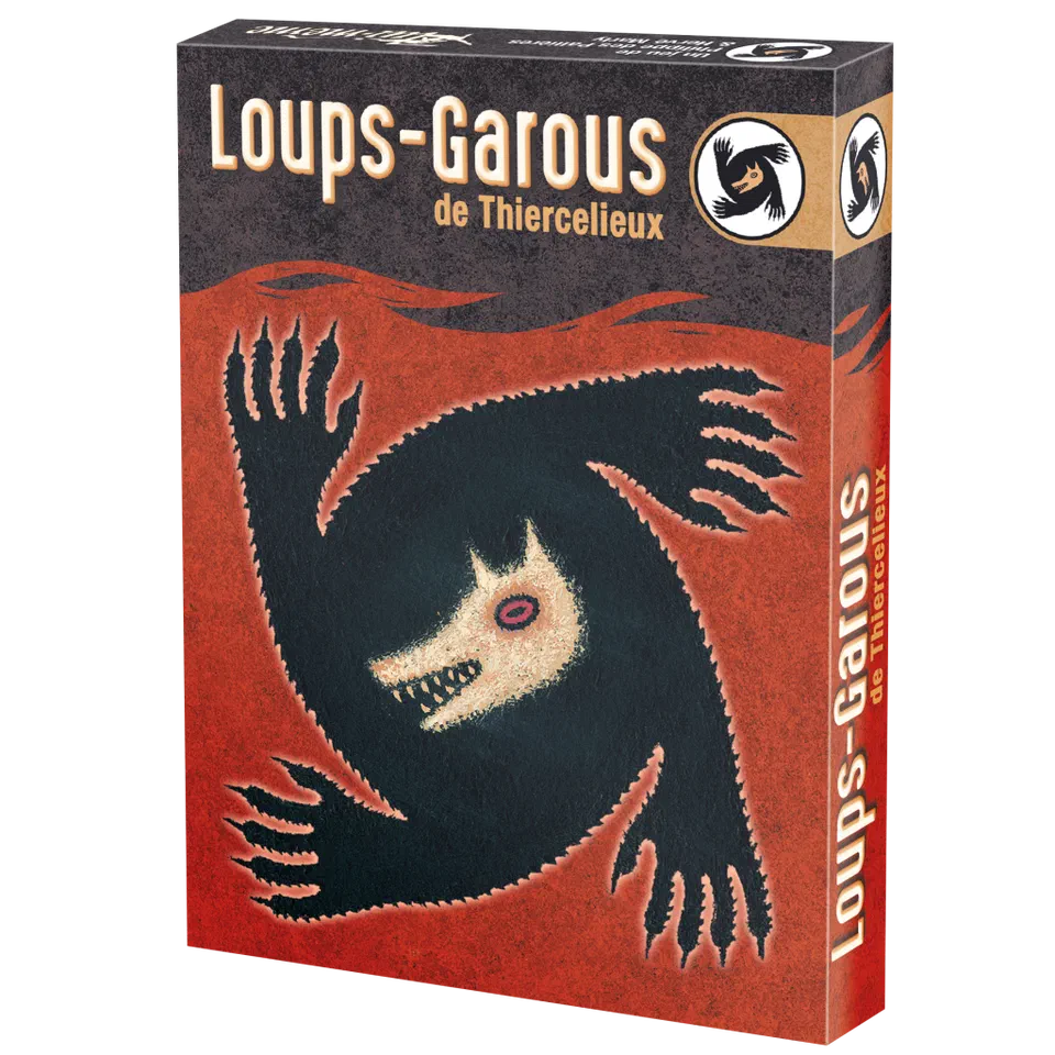 Boîte française des Loups-Garous de Thiercelieux, fond rouge et noir avec le loup-garou enroulé sur lui-même
