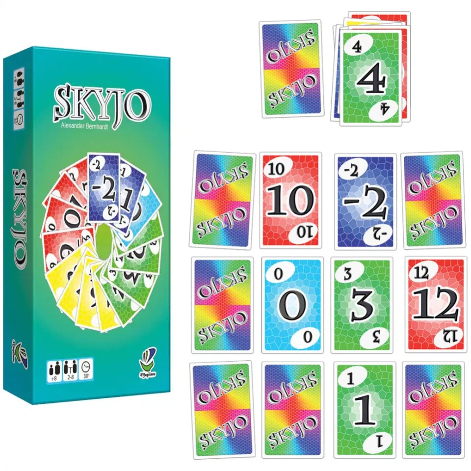 Boîte de Skyjo à côté d'une grille de 12 cartes en quatre colonnes de trois, dont des cartes visibles -2, 0, 3, 10, 12 et 1