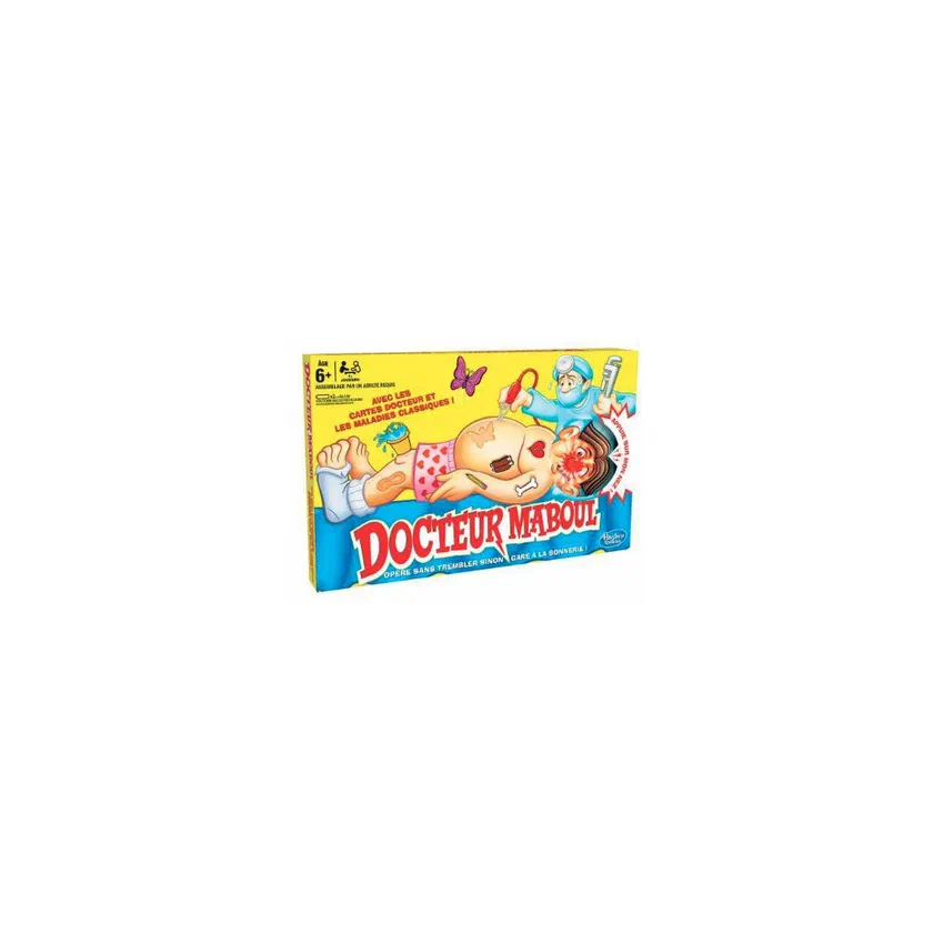 Boîte française de Docteur Maboul de Hasbro Gaming, avec les cartes Docteur et les maladies classiques