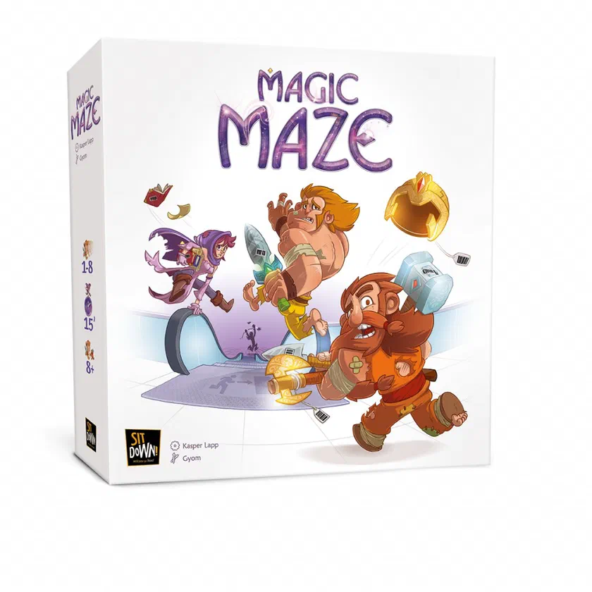 Boîte de Magic Maze éditée par Sit Down! avec la magicienne, le barbare, l'elfe et le nain