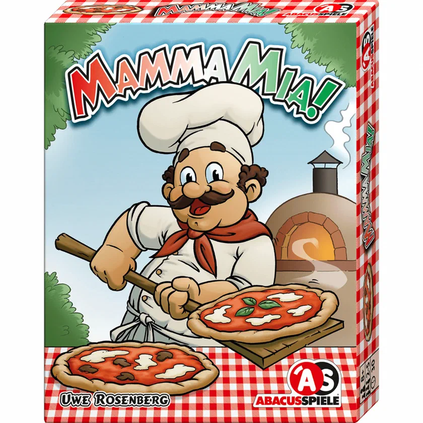 Boîte du jeu de cartes Mamma Mia ! d'Uwe Rosenberg, avec le pizzaiolo devant son four