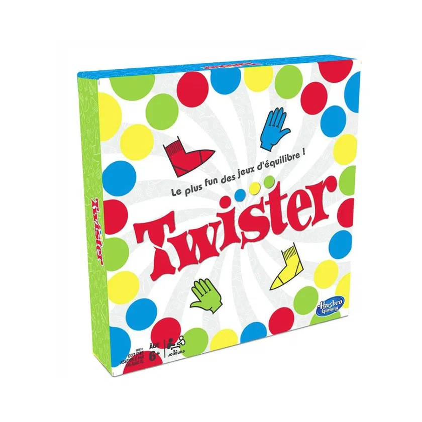 Boîte française de Twister de Hasbro Gaming, « Le plus fun des jeux d'équilibre »