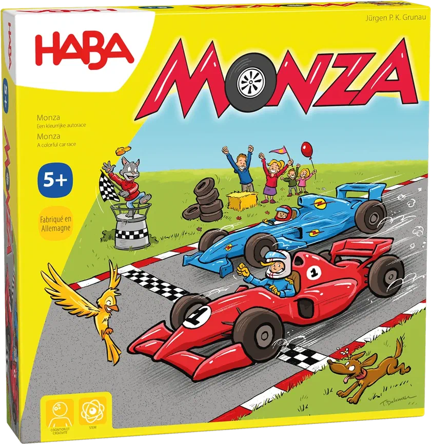 Boîte du jeu Monza de HABA, voitures de course rouge et bleue sur la couverture