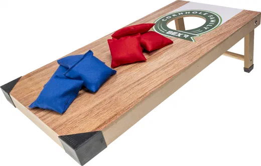 Cornhole Family de Bex Sport : planche en bois percée et sacs rouges et bleus