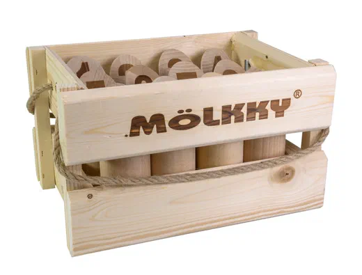 Jeu de Mölkky original de Tactic : quilles numérotées en bouleau dans leur caisse en bois