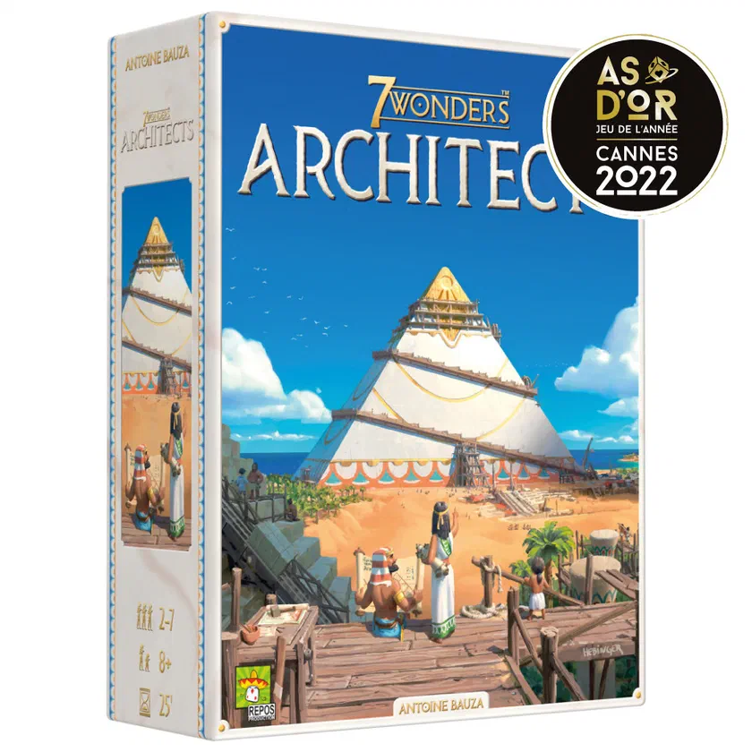 Boîte française de 7 Wonders Architects avec la pyramide de Gizeh et le badge As d'Or jeu de l'année 2022