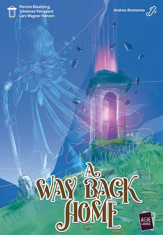 Boîte de A Way Back Home : une tour de cristal rose et une silhouette transparente sur une colline, noms des trois auteurs en haut