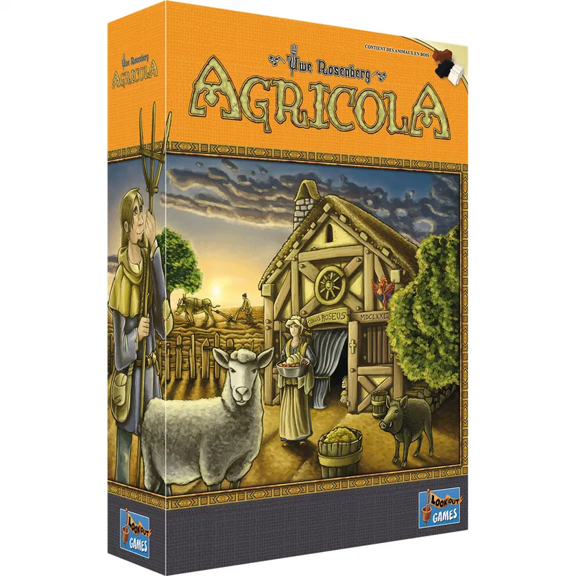Boîte française d'Agricola chez Lookout Games, illustration d'un couple de fermiers devant une ferme avec mouton et bœuf