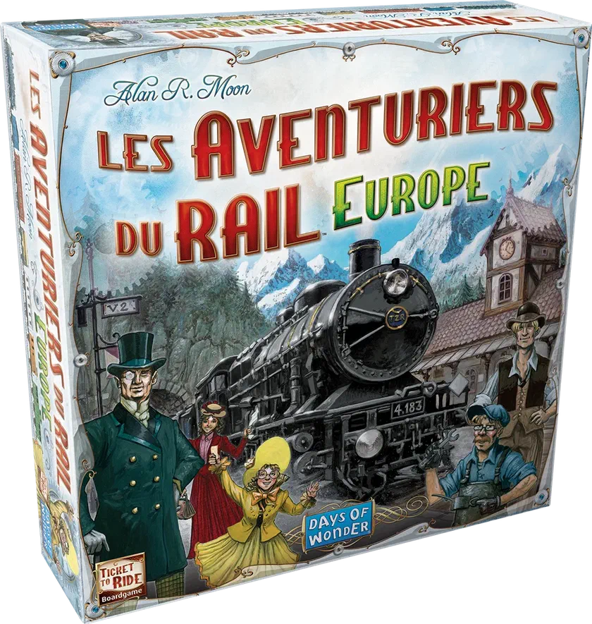 Boîte française des Aventuriers du Rail Europe, édition illustrée par Julien Delval