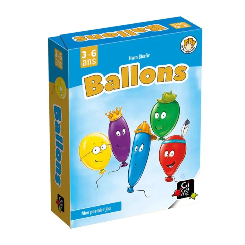 Boîte du jeu Ballons de Gigamic, 3 à 6 ans, avec cinq ballons de couleur dessinés