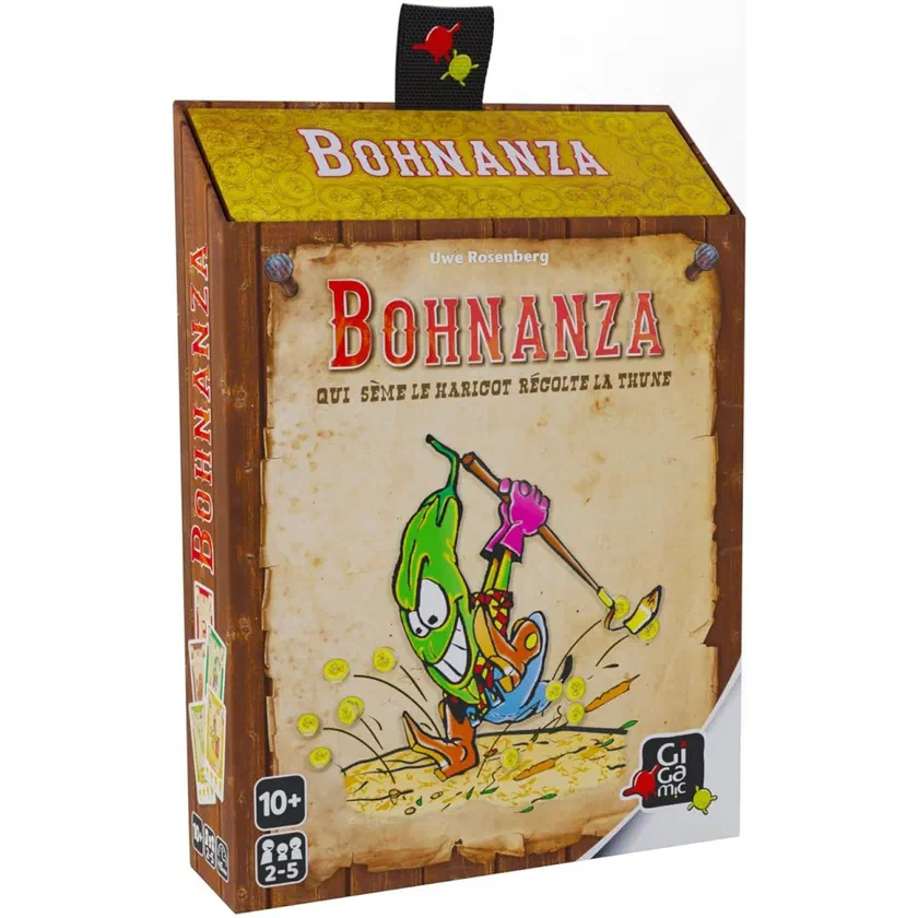 Boîte de Bohnanza, Gigamic : un haricot vert qui bêche, sous le titre « Qui sème le haricot récolte la thune », mentions 10+ et 2-5 joueurs