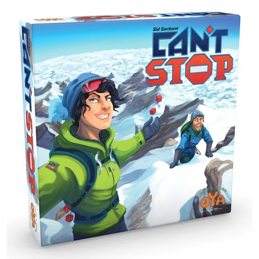 Boîte de Can't Stop éditée par Oya, une alpiniste en veste verte devant des sommets enneigés