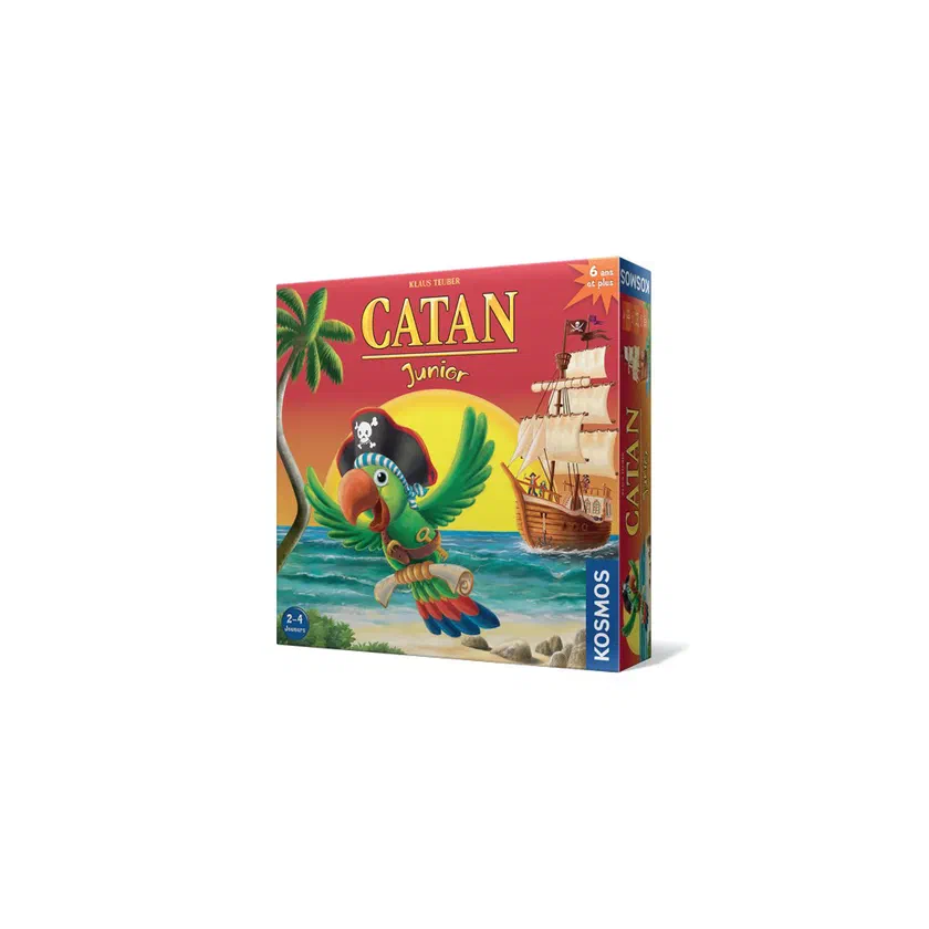 Boîte de Catan Junior, Kosmos : le perroquet Coco en chapeau de pirate devant un navire, mention 2-4 joueurs et 6 ans et plus