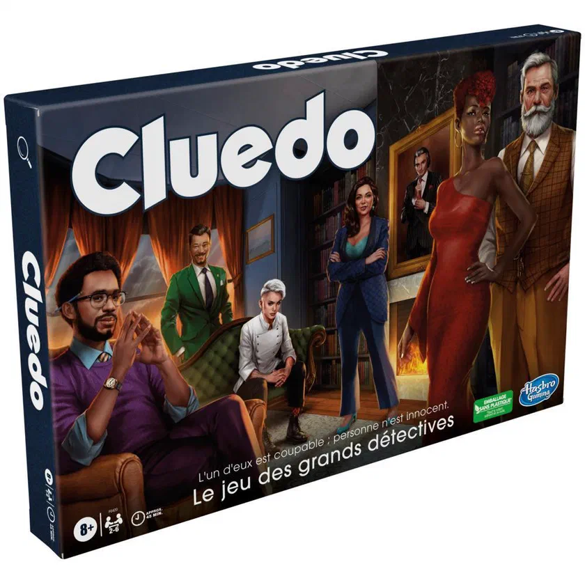 Boîte française du Cluedo de Hasbro Gaming, édition 2023, avec les six suspects devant le portrait de Mat Lenoir