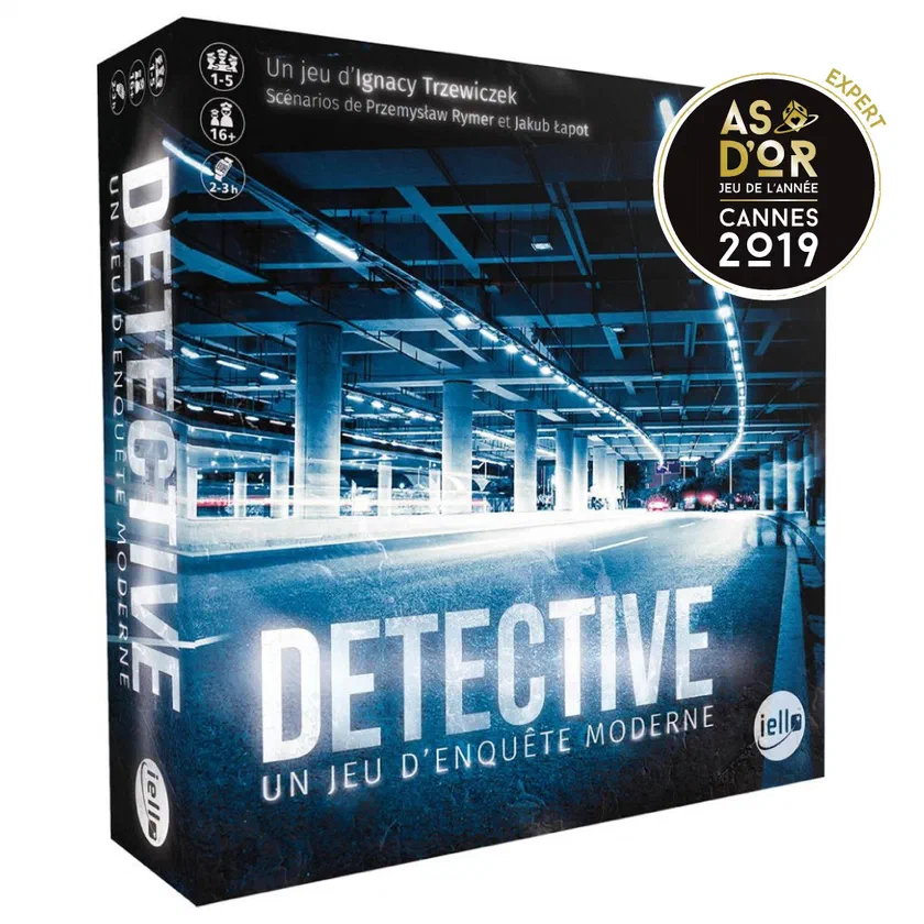 Boîte française de Detective, un jeu d'enquête moderne, chez Iello, avec le macaron As d'Or Jeu de l'année Expert Cannes 2019
