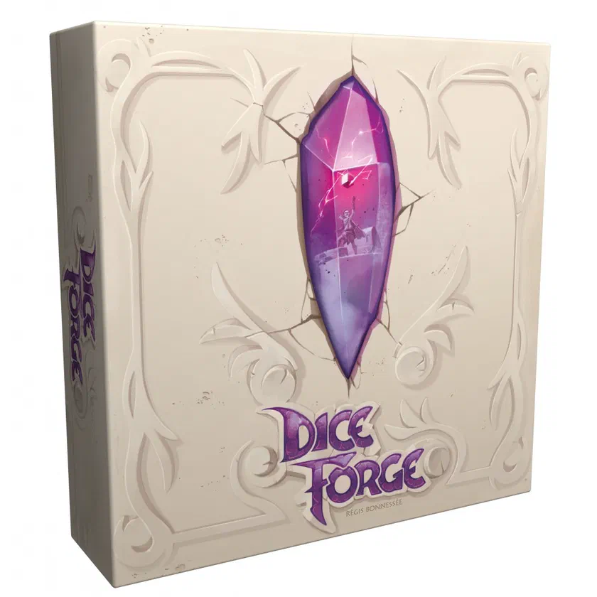 Boîte de Dice Forge chez Libellud, couverture blanche en relief avec un cristal violet