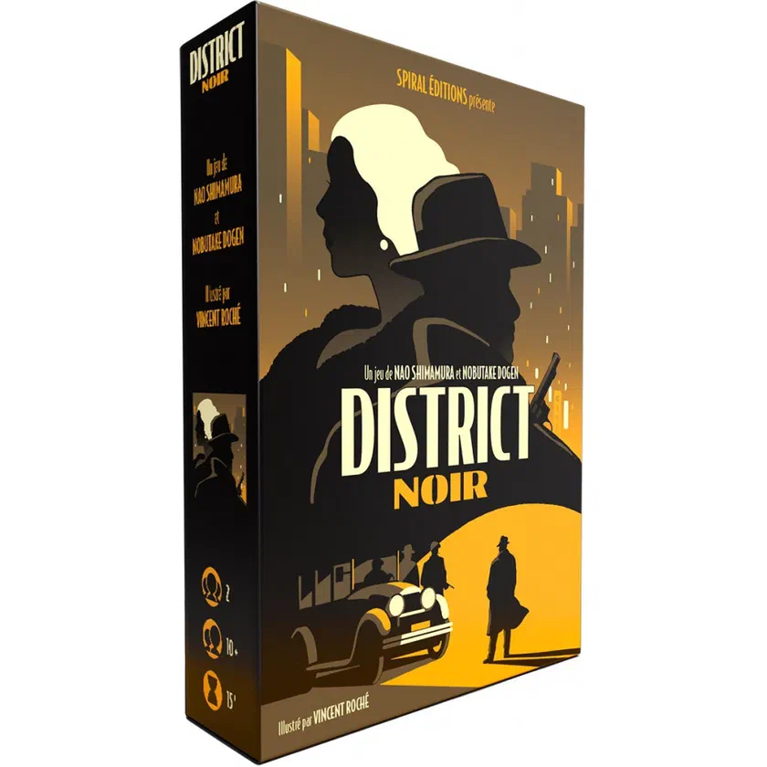 Boîte de District Noir de Spiral Éditions, silhouette d'un homme au chapeau et d'une femme sur fond de ville orangée