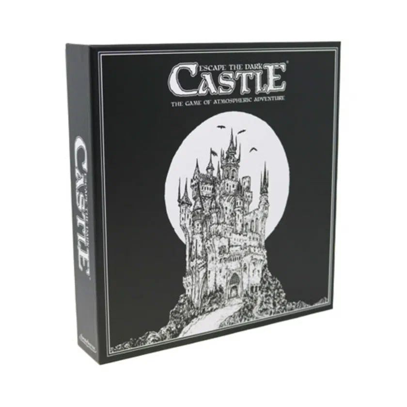 Boîte d'Escape the Dark Castle, édition française d'Exod Games, château en noir et blanc devant la lune