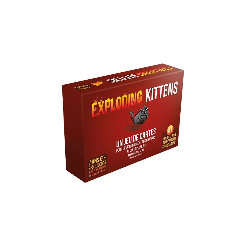 Boîte rouge de l'édition française d'Exploding Kittens, jeu de cartes pour 2 à 5 joueurs dès 7 ans