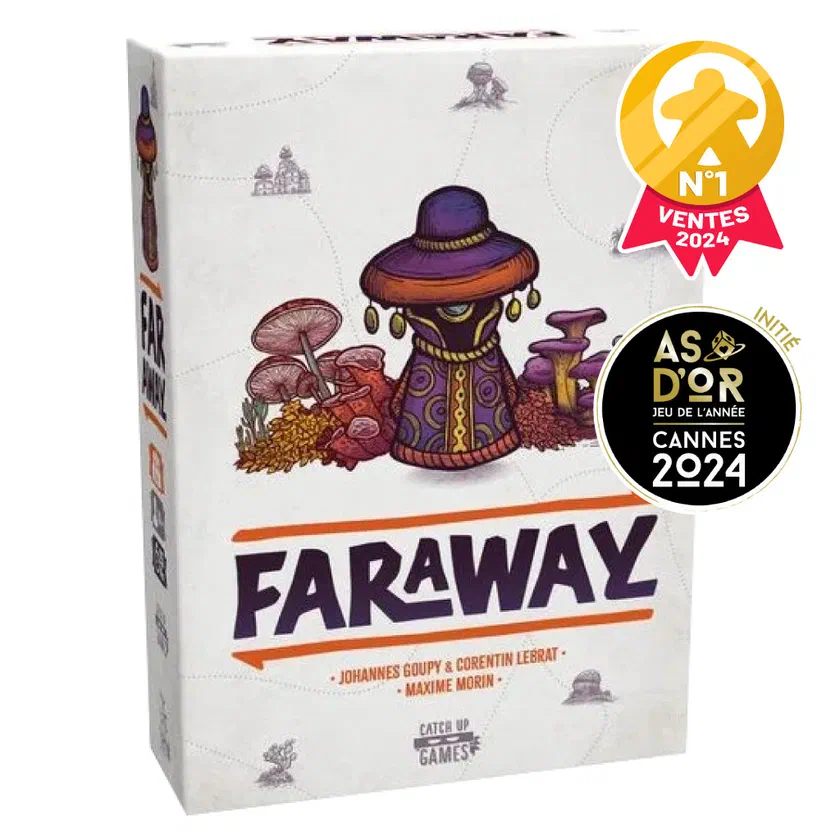 Boîte française de Faraway éditée par Catch Up Games, avec le logo As d'Or Cannes 2024