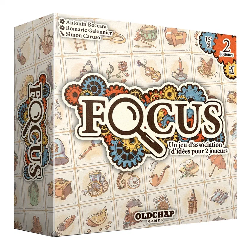 Boîte française de Focus, jeu d'association d'idées pour deux joueurs d'OldChap Games