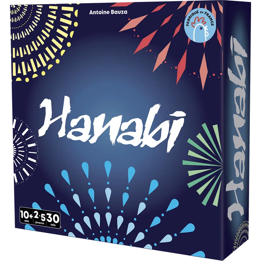 Boîte carrée de Hanabi chez Cocktail Games, avec les pictogrammes 10+, 2 à 5 joueurs et 30 minutes