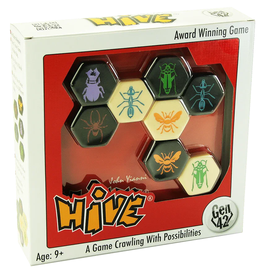 Boîte de Hive éditée par Gen42 Games, avec la pochette zippée et les pièces scarabée, abeille et fourmi