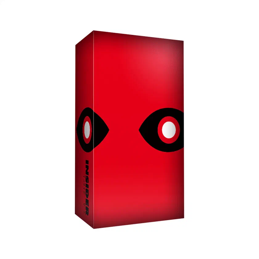 Boîte rouge et allongée d'Insider, Oink Games, avec deux grands yeux noirs