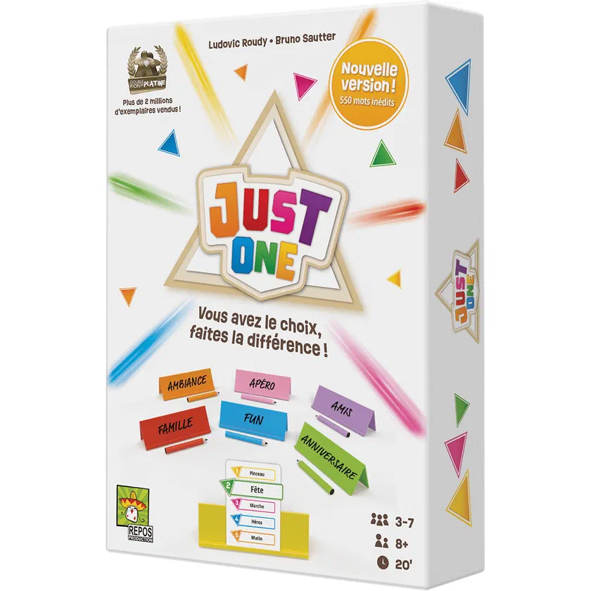 Boîte française de Just One nouvelle version, Repos Production, 3 à 7 joueurs, 8 ans et plus, 20 minutes