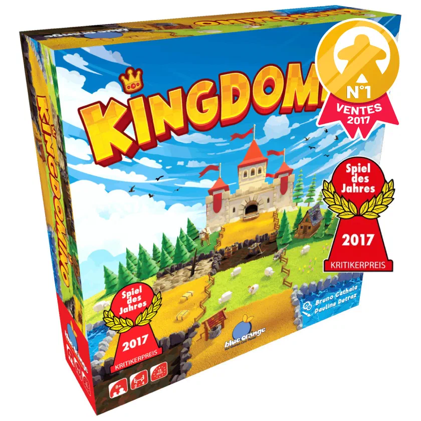 Boîte de Kingdomino nouvelle édition 2025, Blue Orange, illustrée par Pauline Détraz, avec un château en relief