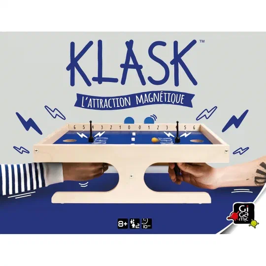 Couvercle de la boîte française de Klask, sous-titrée L'attraction magnétique, éditée par Gigamic