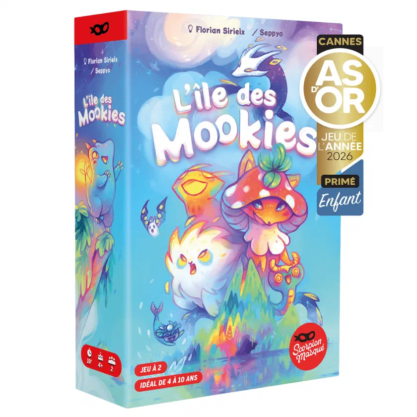 Boîte française de L'île des Mookies du Scorpion Masqué, avec le macaron As d'Or Jeu de l'Année Enfant 2026