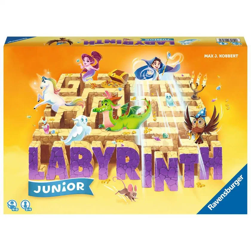 Boîte de Labyrinthe Junior de Ravensburger, titre international « Labyrinth Junior », illustration d'un château avec dragon, licorne et hibou