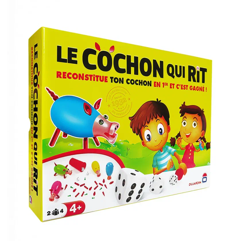 Boîte jaune du Cochon qui rit de Dujardin, « Reconstitue ton cochon en 1er et c'est gagné ! », 2 à 4 joueurs, 4 ans et plus