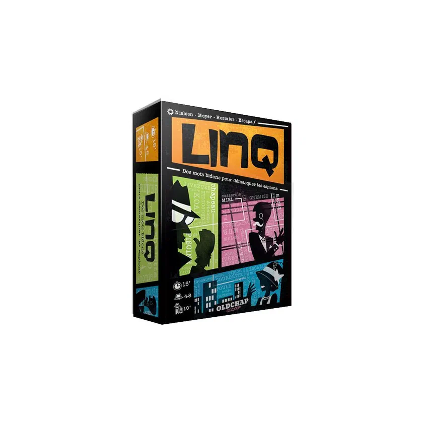 Boîte de Linq chez OldChap Games, « Des mots bidons pour démasquer les espions », silhouettes d'espions sur fond de mots