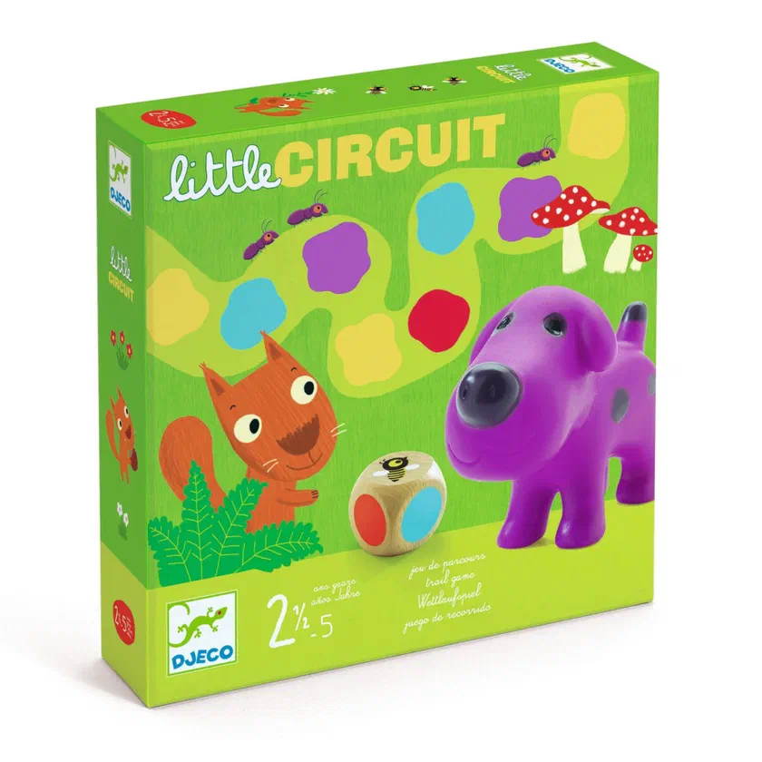 Boîte de Little Circuit de Djeco, avec le chien violet et le dé de couleurs, de 2 ans et demi à 5 ans