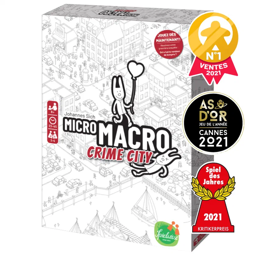 Boîte française de MicroMacro Crime City avec les logos As d'Or 2021 et Spiel des Jahres 2021