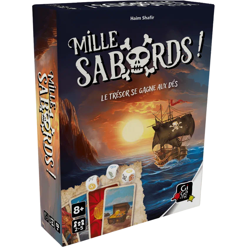 Boîte de Mille Sabords chez Gigamic, nouvelle édition, avec un bateau pirate et la mention Le trésor se gagne aux dés