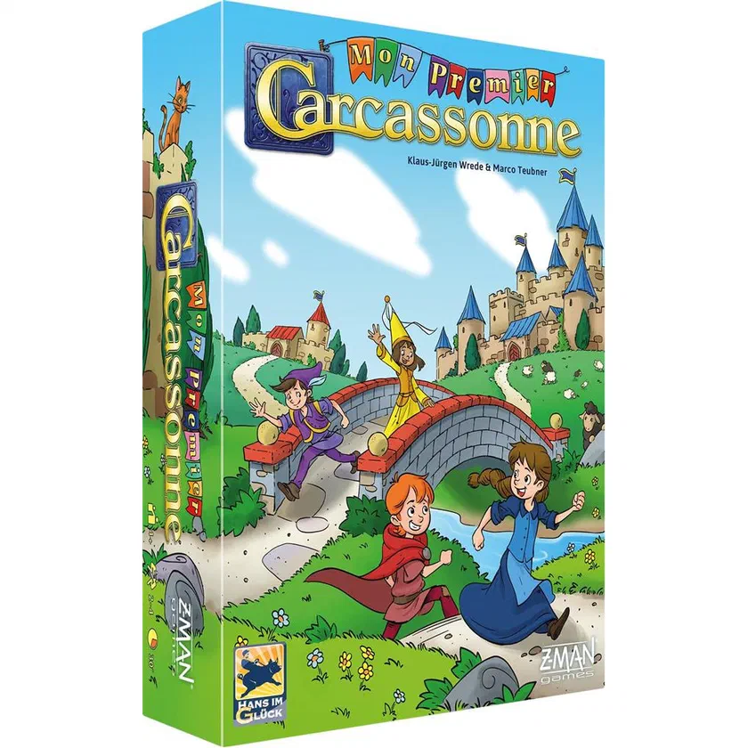 Boîte française de Mon Premier Carcassonne chez Z-Man Games, quatre enfants qui courent vers un pont