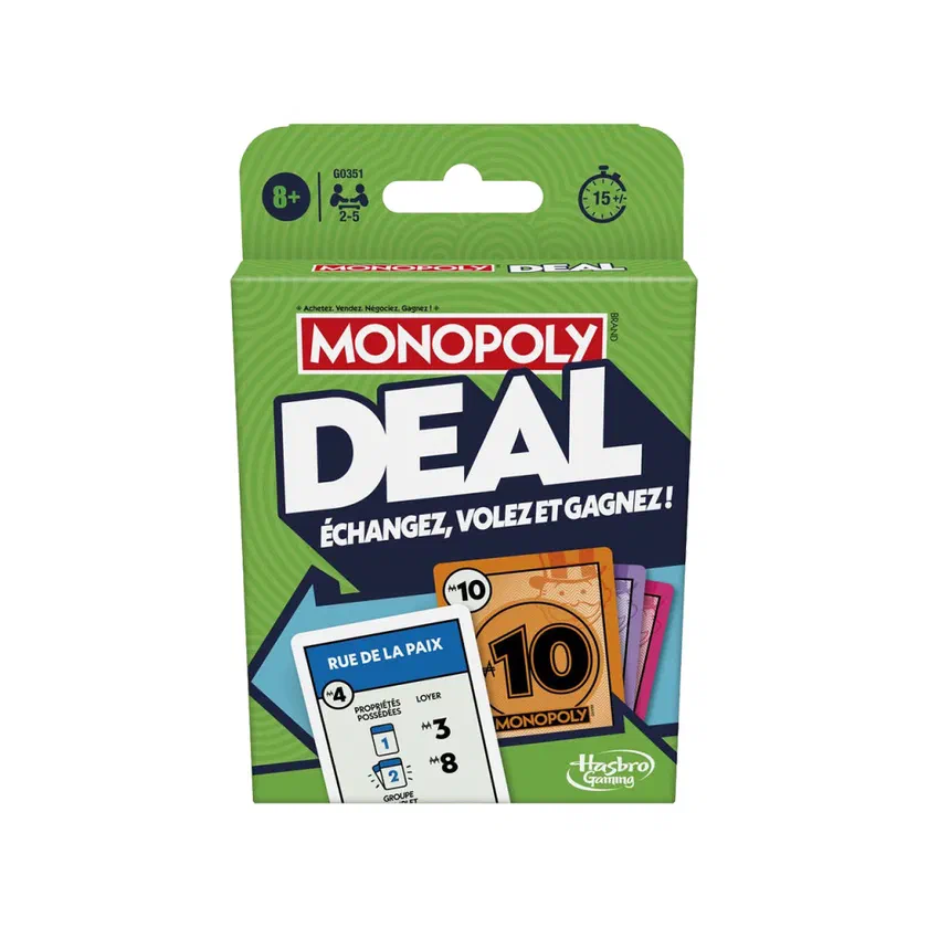 Boîte verte de Monopoly Deal de Hasbro Gaming, sous-titrée Échangez, volez et gagnez !, 8 ans et plus, 2 à 5 joueurs, 15 minutes