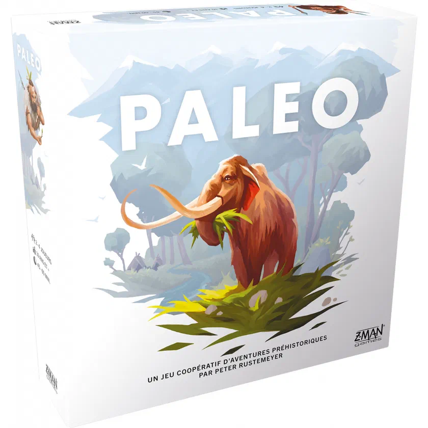 Boîte française de Paleo, jeu coopératif d'aventures préhistoriques de Peter Rustemeyer chez Z-Man Games, avec un mammouth sur la couverture