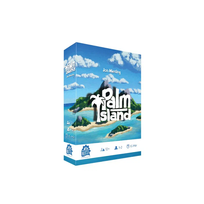 Boîte française de Palm Island de Jon Mietling, éditée par Nuts Publishing, 12 ans et plus, 1 à 2 joueurs, 15 minutes