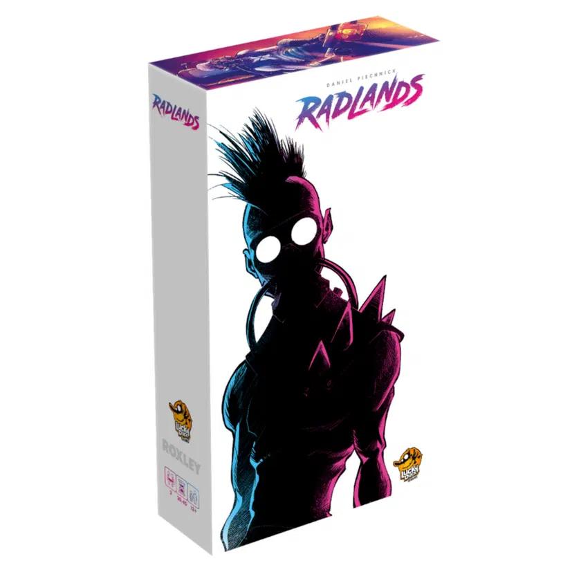 Boîte de Radlands, Lucky Duck Games : silhouette d'un punk aux cheveux hérissés sur fond blanc et violet