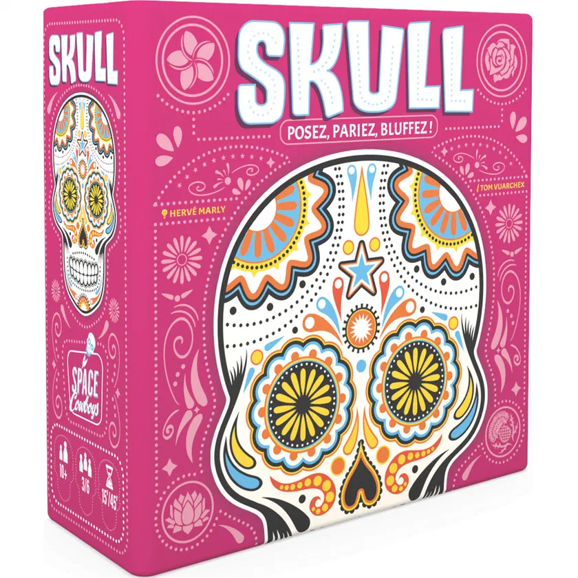 Boîte rose de Skull, édition française Space Cowboys, sous-titrée Posez, pariez, bluffez !