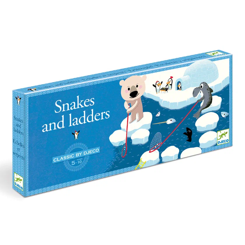 Boîte de Snakes and Ladders de la gamme Classic by Djeco, avec un ours blanc et des pingouins sur la banquise