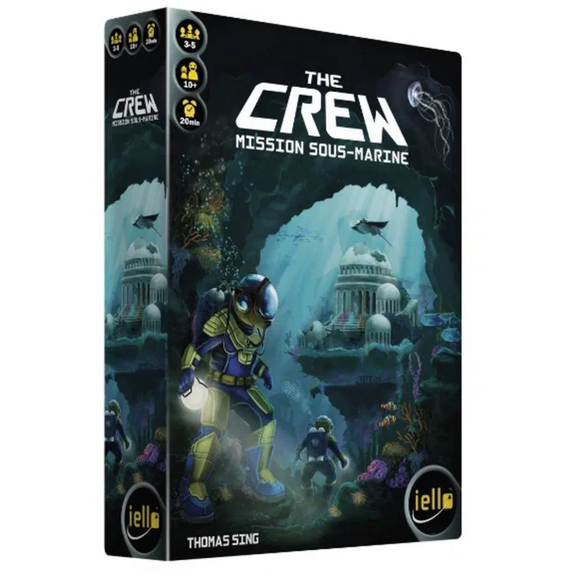 Boîte française de The Crew : Mission Sous-Marine éditée par Iello, avec un plongeur devant des ruines englouties