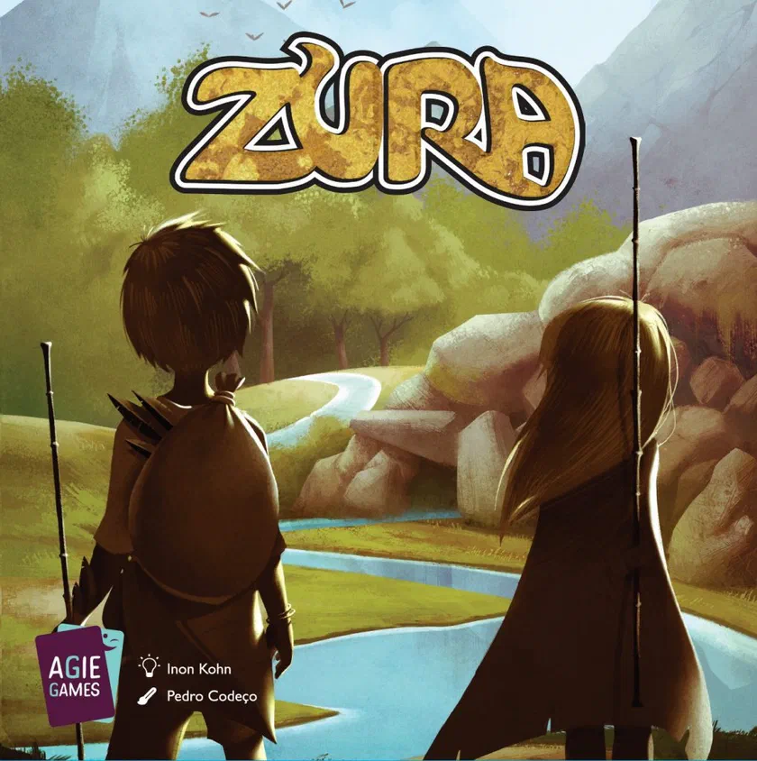 Couverture de la boîte de Zura : deux enfants de dos, bâton à la main, face à une vallée et une rivière, logo Agie Games